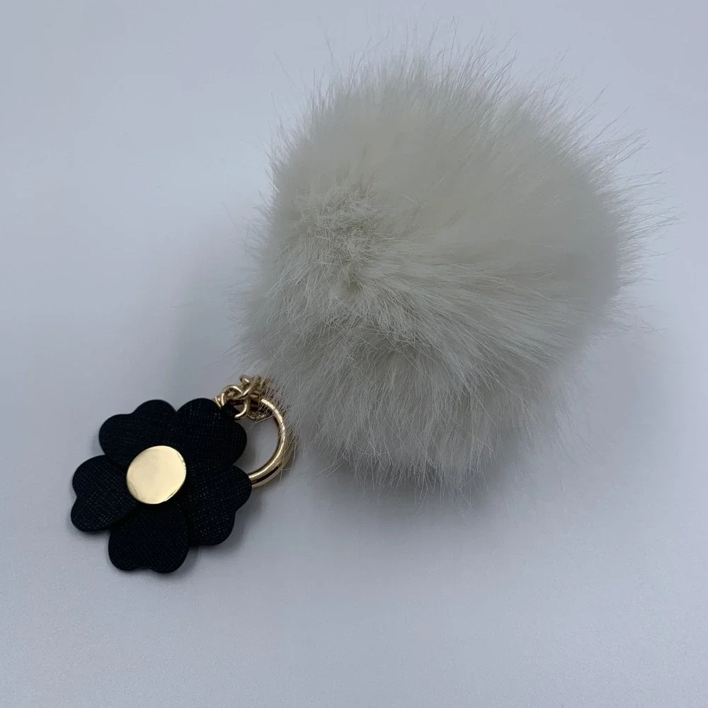 Michael Kors White Fur Pom Pom Keychain Bag Charm Gold Tone Ring Black Flower